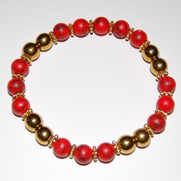 Red and Gold Bracelet,Red Howlite and Golden 8mm Beads - Picture 1 of 3